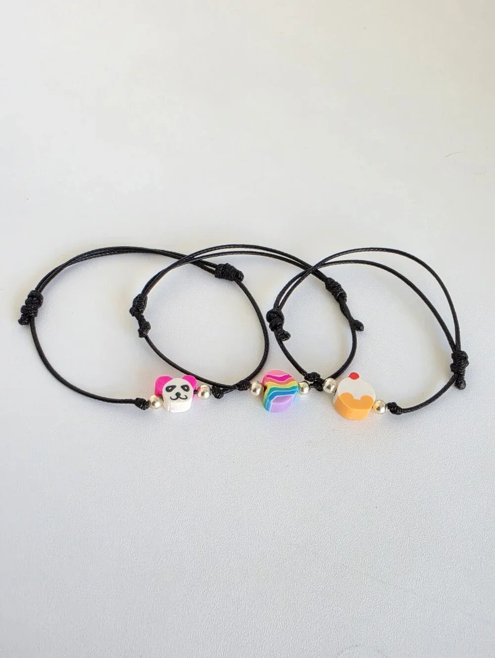 Set of 3 Handmade Adjustable Kawaii Cord Bracelets Panda Rainbow Cupcake